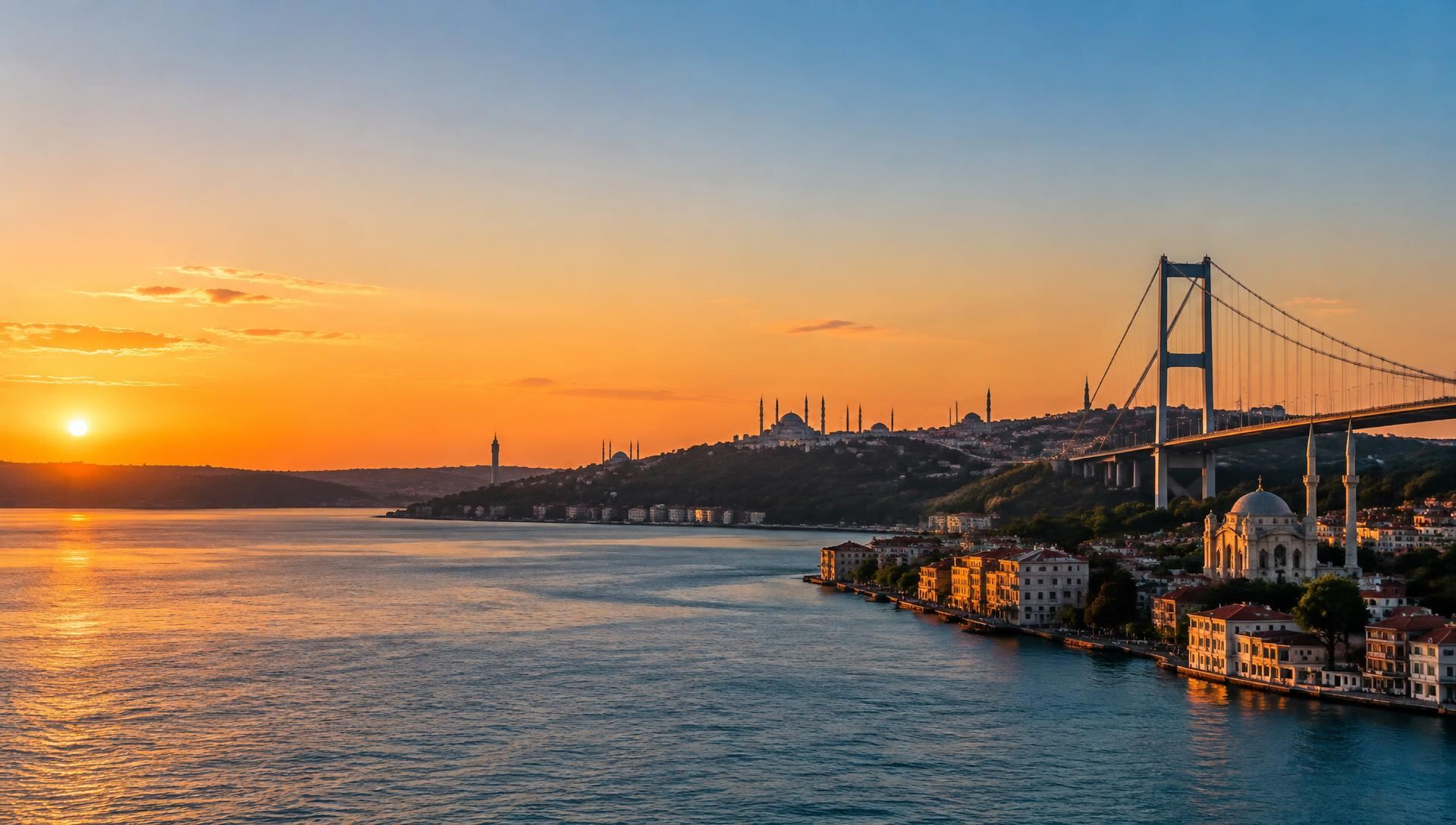 Istanbul at sunset with the Bosphorus Bridge